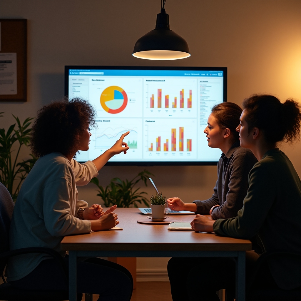 Team aziendale durante una sessione di formazione sulla lettura di una dashboard di analytics