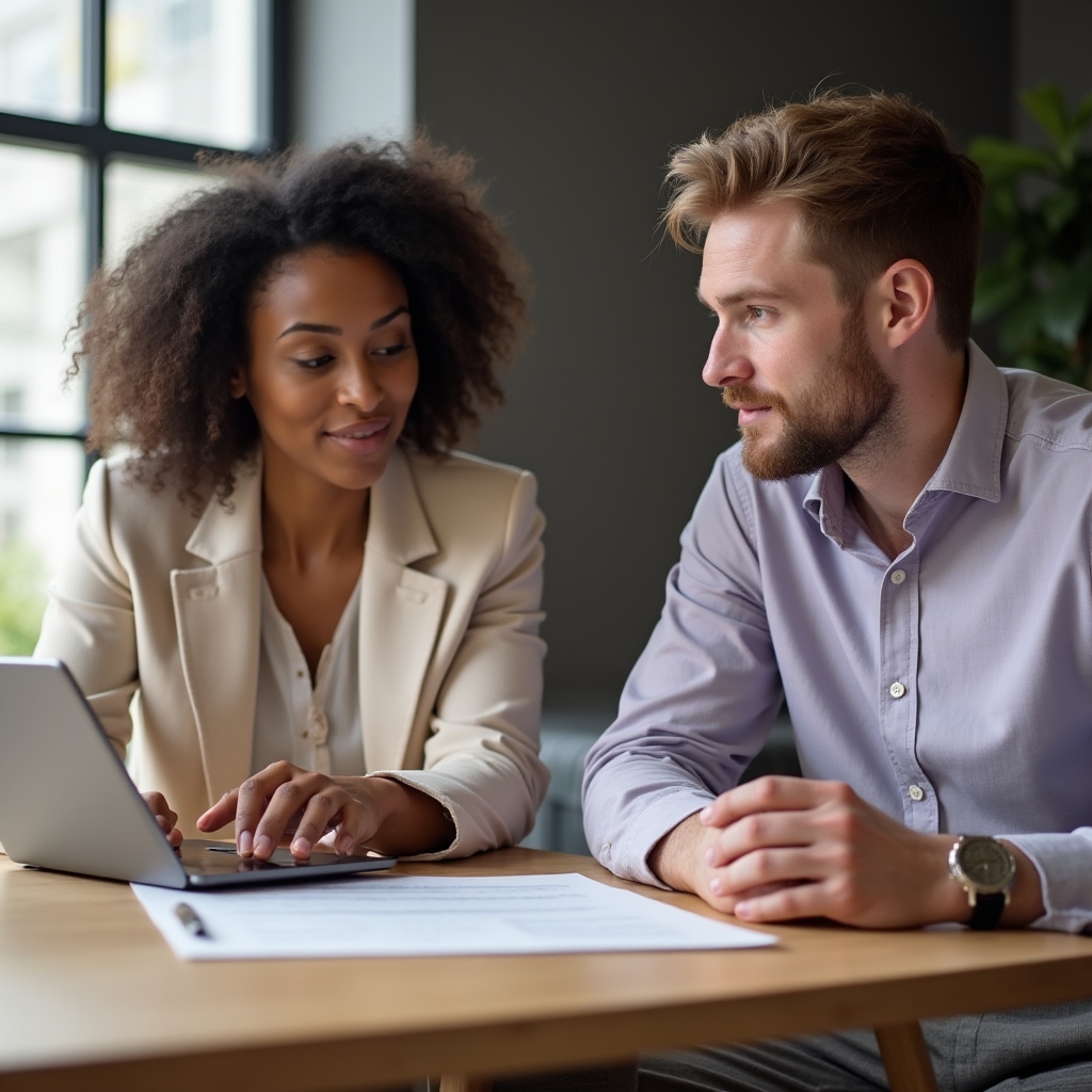 Consulente e cliente discutono un preventivo di consulenza analitica su una scrivania con laptop e appunti